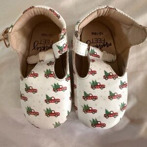 Monkey Feet White Mary Janes with Red Truck Print